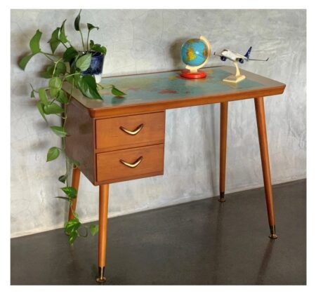 Retro Desk with World Map Top | 20th Century Vintage