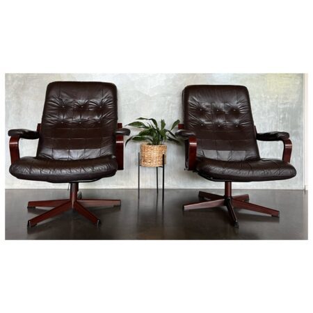 Mid Century Danish Style Leather & Timber Frame Armchairs | 20th Century Vintage